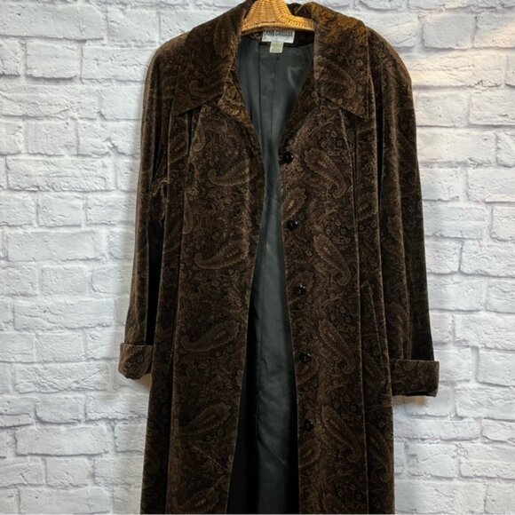 Vintage John Caruana Brown Paisley Velvet Long Overcoat Water Repellent Size 24W - Picture 10 of 15